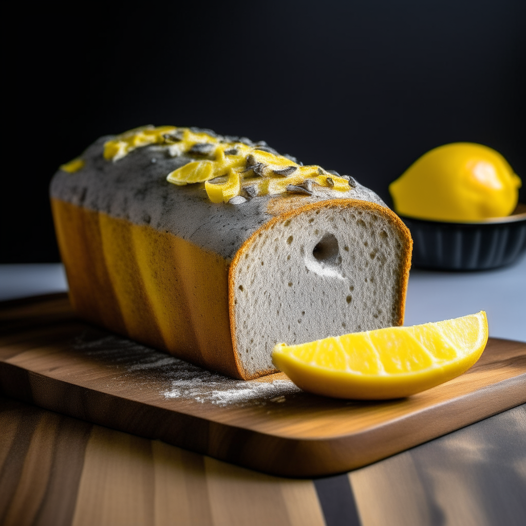 Lemon poppy seed sweet loaf on a cutting board, bright studio lighting from an angle, tack sharp focus, loaf fills the frame