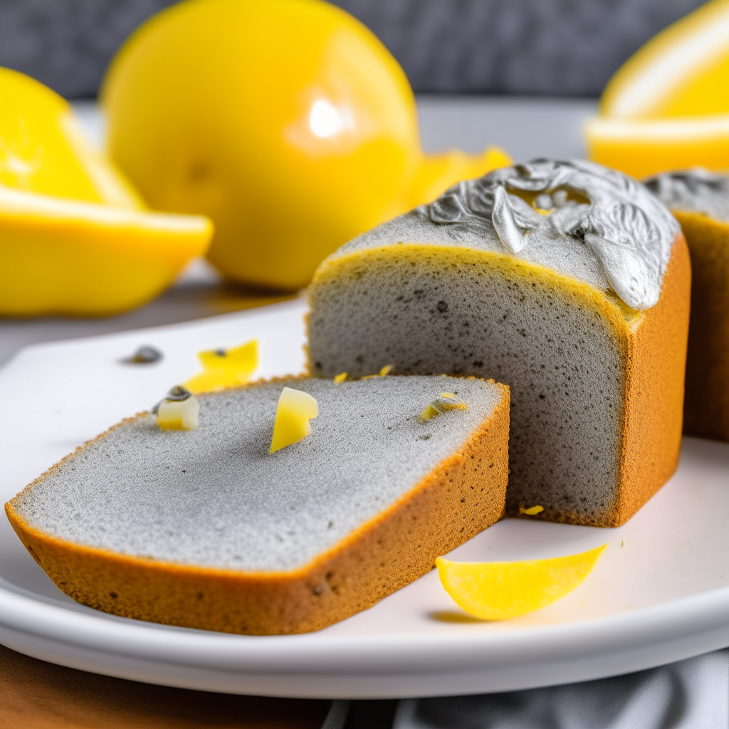 Slice of lemon poppy seed sweet loaf on a white plate, lemon pieces and poppy seeds visibly mixed into the bread, extremely sharp focus, loaf fills the frame