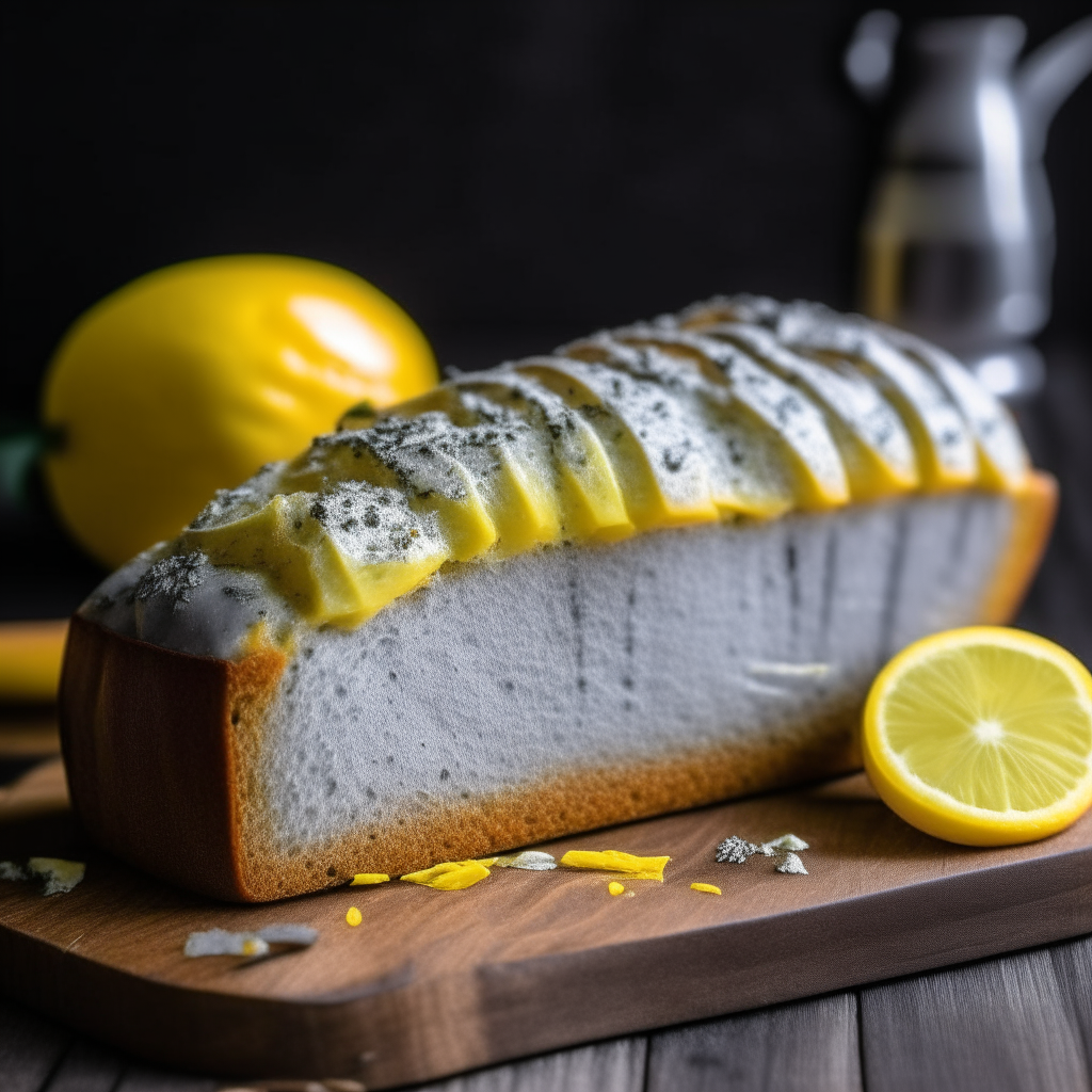 Lemon poppy seed sweet loaf on a wood surface, soft lighting from the side, razor sharp focus, poppy seeds and lemon pieces integrated into the bread