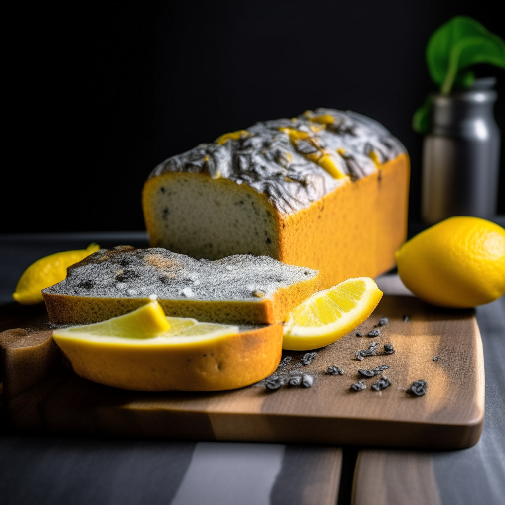 Lemon poppy seed sweet loaf on a cutting board, bright studio lighting from an angle, tack sharp focus, lemon and poppy seeds mixed into the bread