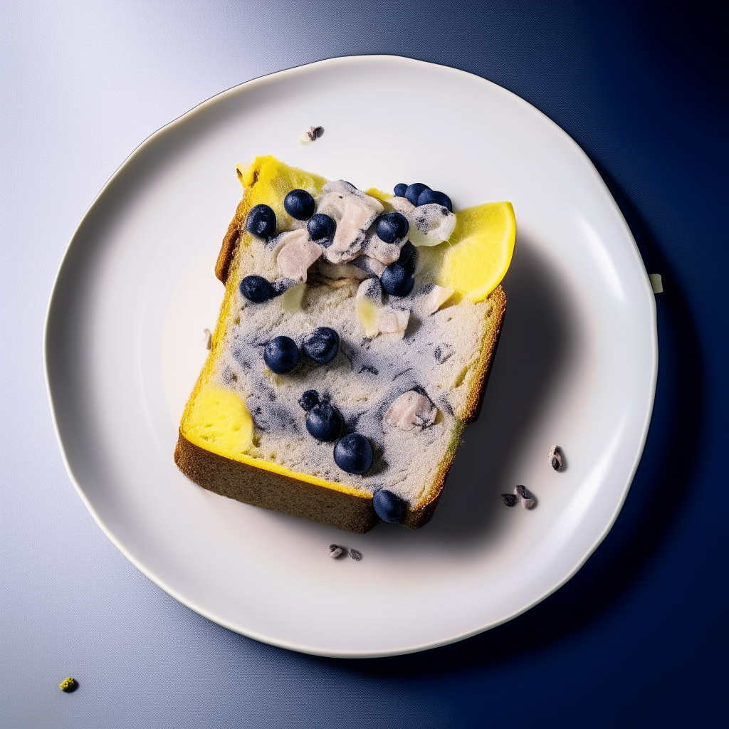 Slice of lemon blueberry gluten free loaf on a white plate, overhead studio lighting, extremely sharp focus, loaf fills the frame