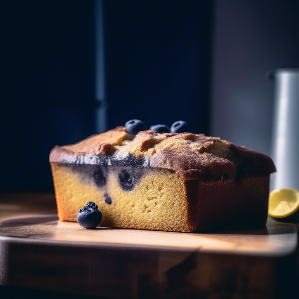 Lemon blueberry gluten free loaf on a wood surface, soft natural window lighting from the side, razor sharp focus, loaf takes up most of the frame