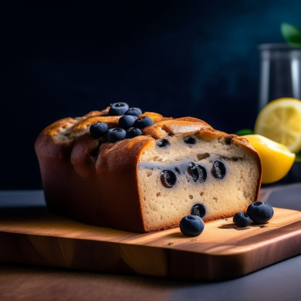 Lemon blueberry gluten free loaf on a cutting board, bright studio lighting from an angle, tack sharp focus, loaf fills the frame