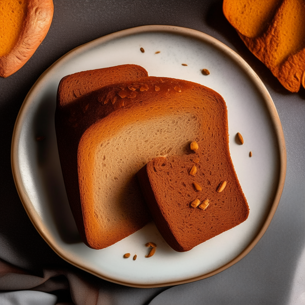 Slice of pumpkin spice gluten free bread on a white plate, overhead studio lighting, extremely sharp focus, bread fills the frame, pumpkin pieces and spices visibly integrated into the bread