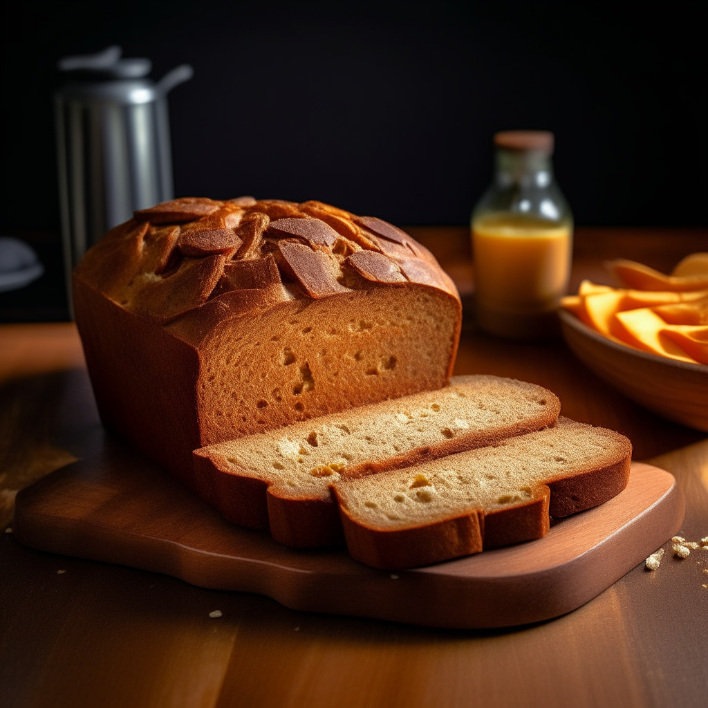 Pumpkin spice gluten free bread on a cutting board, bright studio lighting from an angle, tack sharp focus, pumpkin and spices integrated into the bread