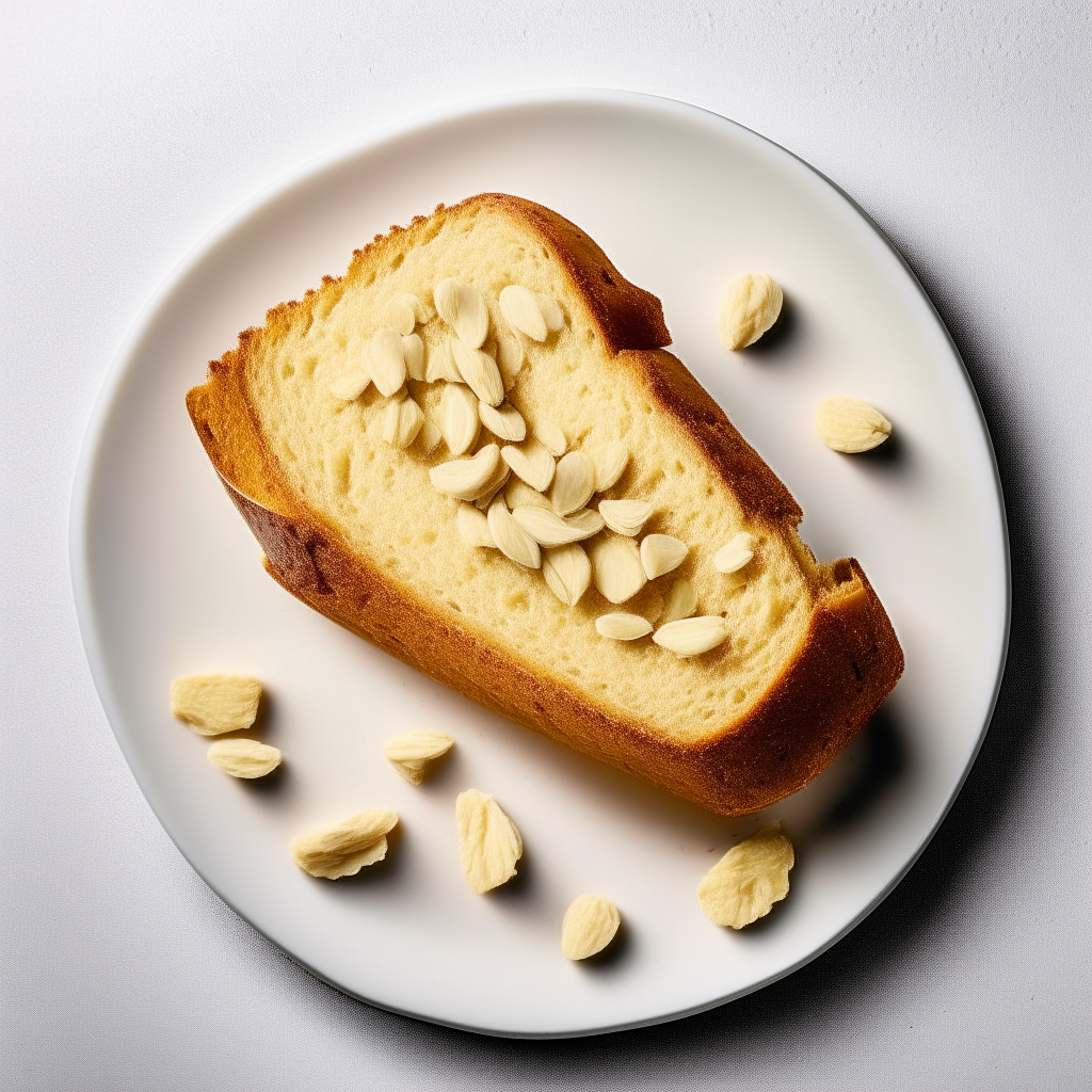 Slice of almond flour gluten free sweet bread on a white plate, overhead studio lighting, extremely sharp focus, bread fills the frame, almonds visibly integrated into the bread