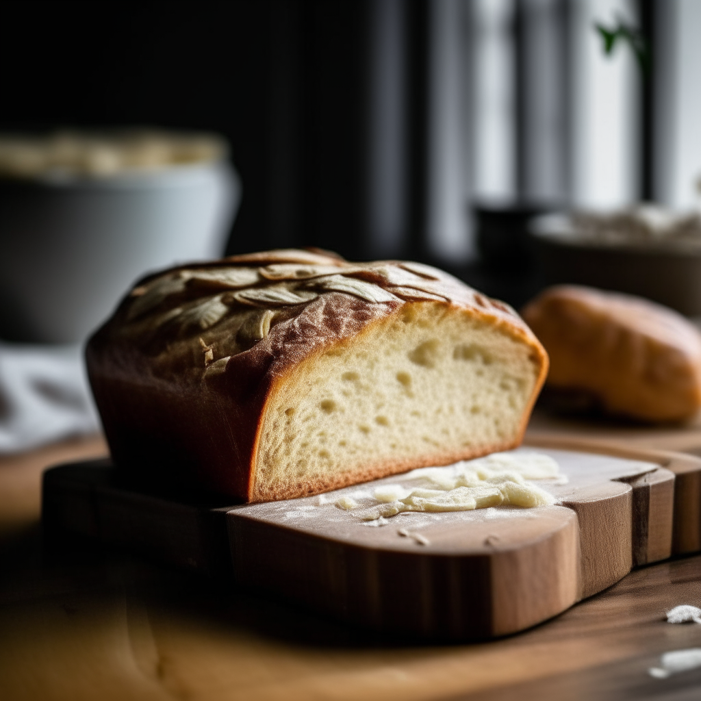 Almond flour gluten free sweet bread on a wood surface, soft natural window lighting from the side, razor sharp focus, almonds blended into the bread