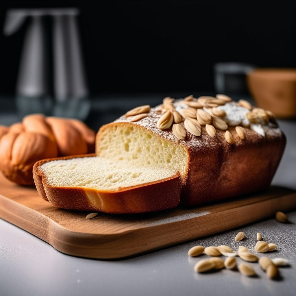 Almond flour gluten free sweet bread on a cutting board, bright studio lighting from an angle, tack sharp focus, almonds mixed into the bread