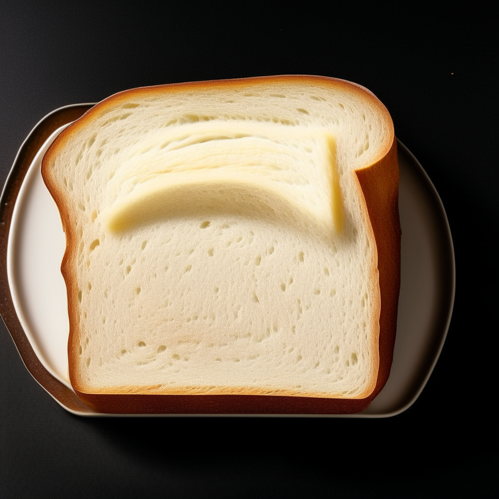 Slice of buttermilk white bread on a white plate, overhead studio lighting, extremely sharp focus, bread fills the frame, buttermilk visibly integrated into the bread