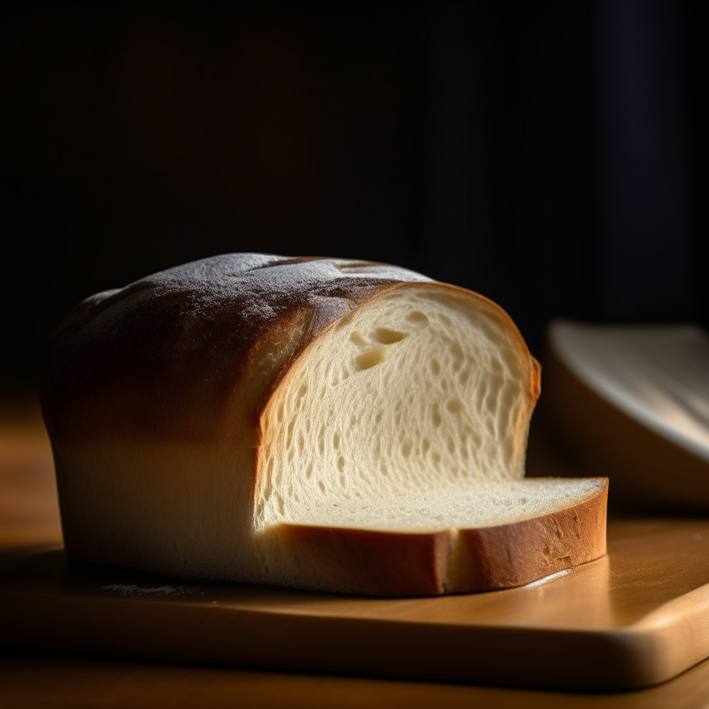 Buttermilk white bread on a wood surface, soft natural window lighting from the side, razor sharp focus, buttermilk blended into the bread