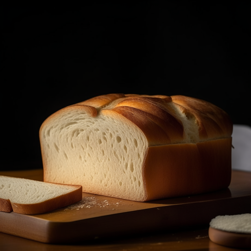 Buttermilk white bread on a cutting board, bright studio lighting from an angle, tack sharp focus, buttermilk mixed into the bread