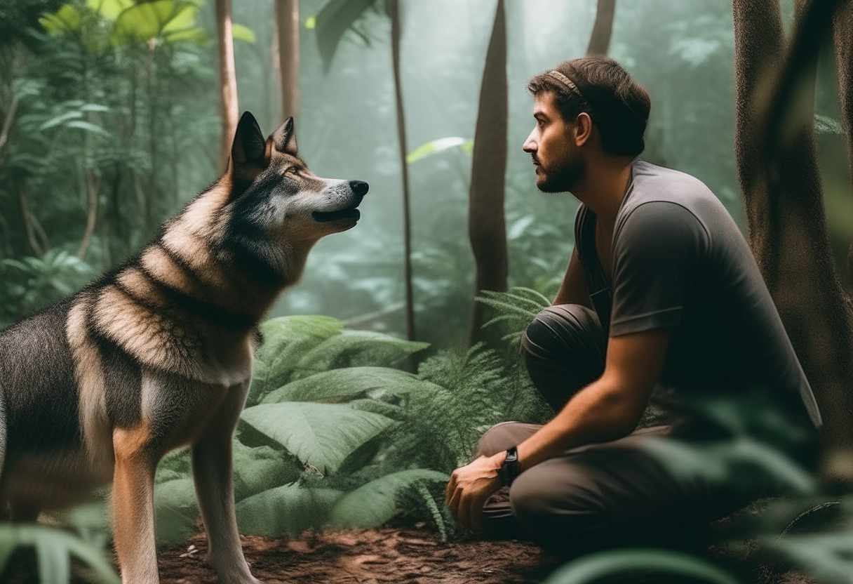  A man talking with a wolf in the jungle 