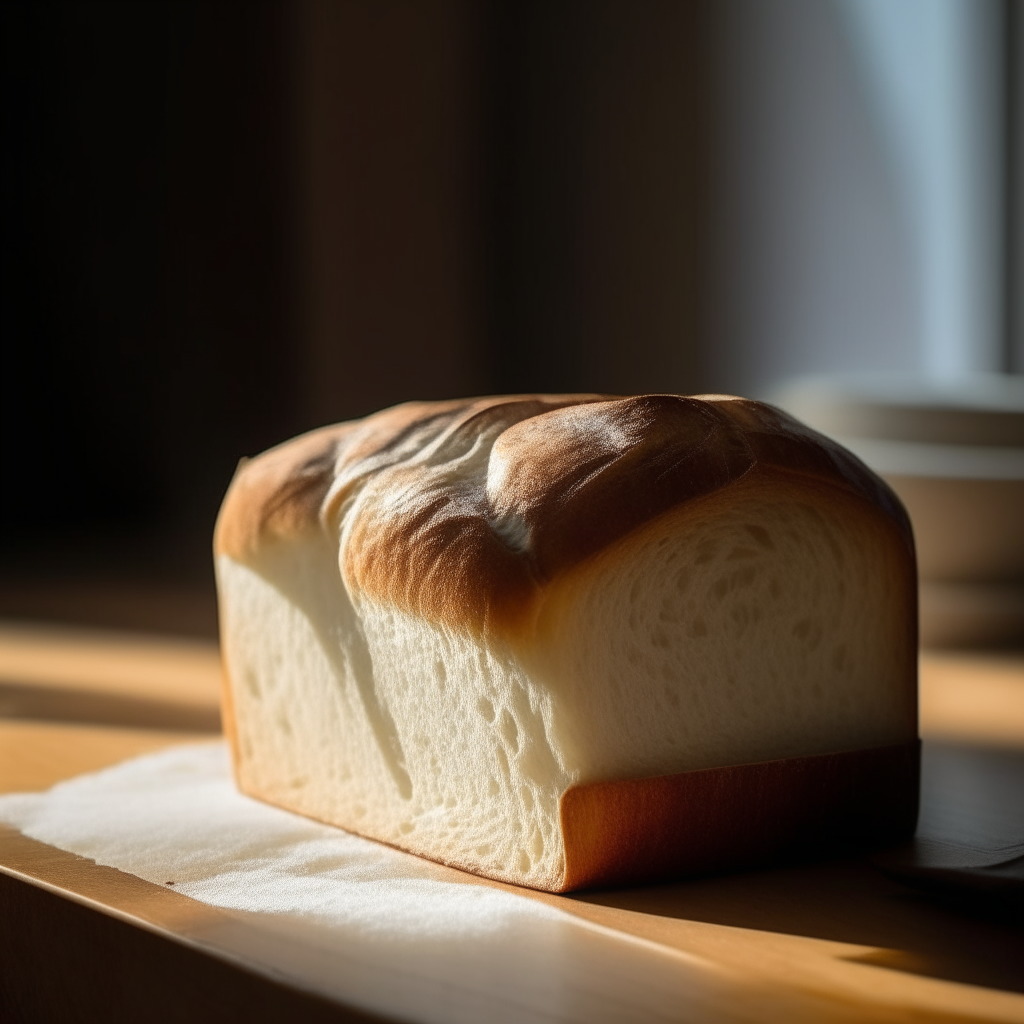 Soft buttermilk white bread on a wood surface, window lighting from the side, razor sharp focus, bread looks light and airy