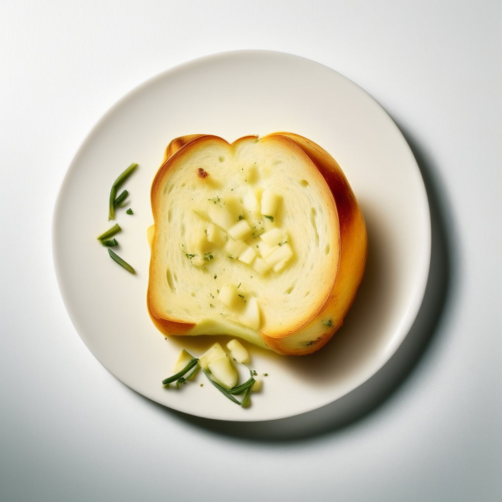 Slice of potato chive white bread on a white plate, overhead studio lighting, extremely sharp focus, bread fills the frame, potatoes and chives visibly integrated into the bread