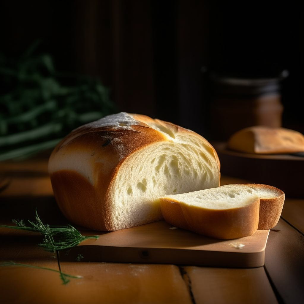 Potato chive white bread on a wood surface, soft natural window lighting from the side, razor sharp focus, potatoes and chives blended into the bread