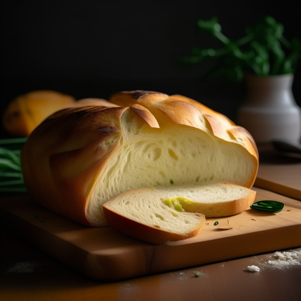 Potato chive white bread on a cutting board, bright studio lighting from an angle, tack sharp focus, potatoes and chives mixed into the bread