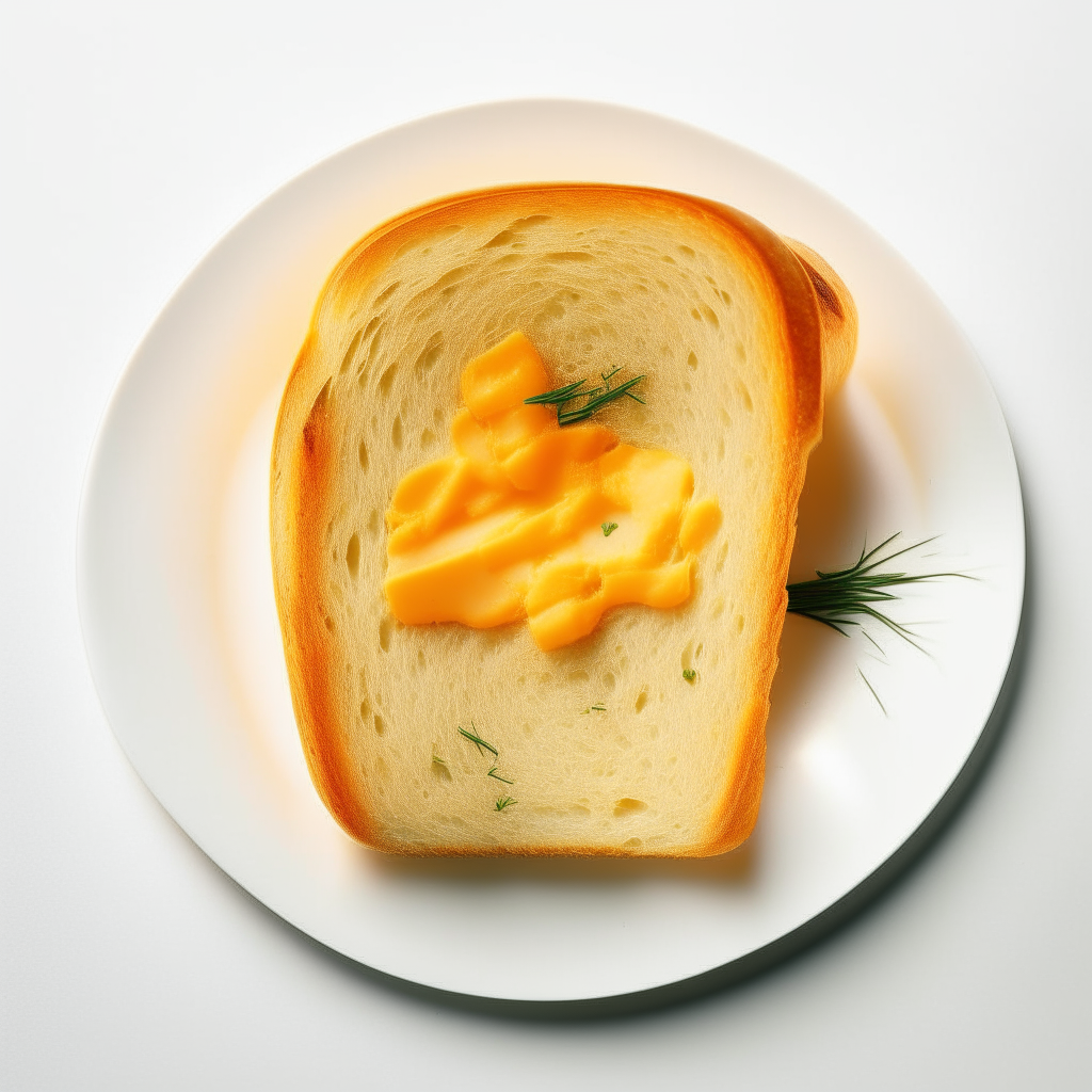 Slice of cheddar and chive white bread on a white plate, overhead studio lighting, extremely sharp focus, bread fills the frame, cheddar and chives visibly integrated into the bread