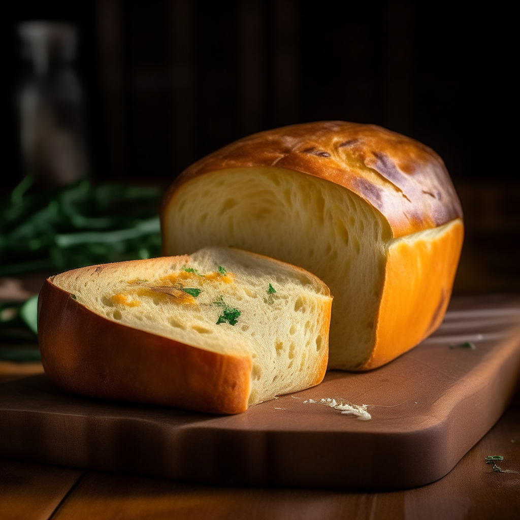 Cheddar and chive white bread on a wood surface, soft natural window lighting from the side, razor sharp focus, cheddar and chives blended into the bread