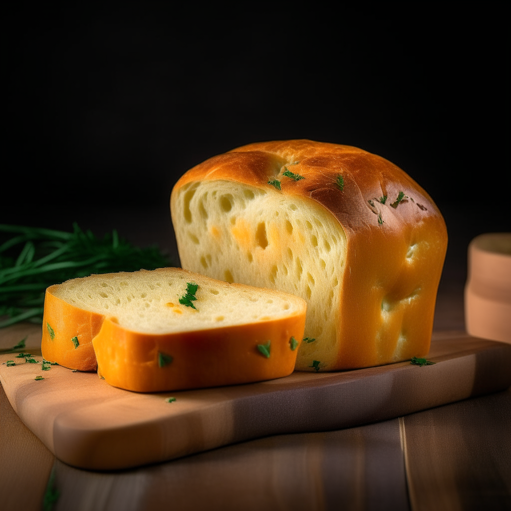 Cheddar and chive white bread on a cutting board, bright studio lighting from an angle, tack sharp focus, cheddar and chives mixed into the bread