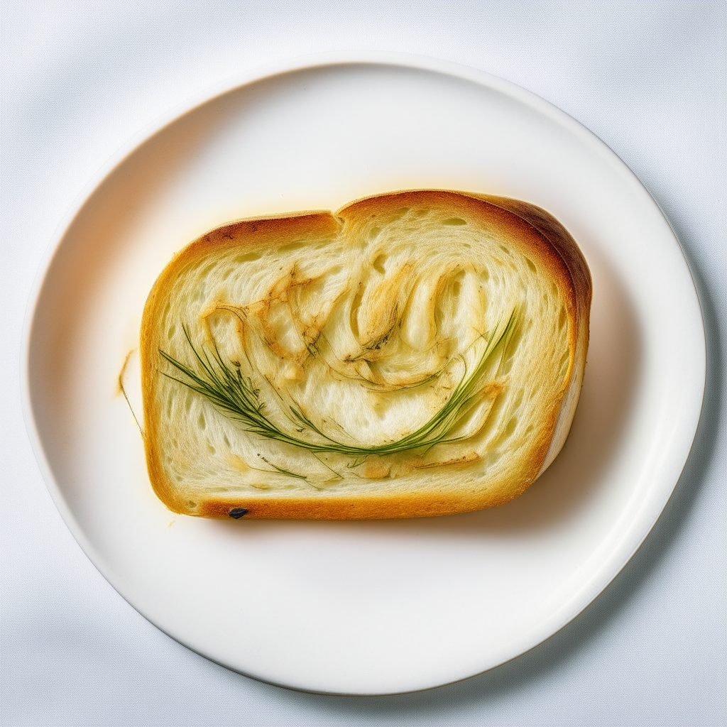 Slice of dill and onion white bread on a white plate, overhead studio lighting, extremely sharp focus, bread fills the frame, dill and onions visibly integrated into the bread