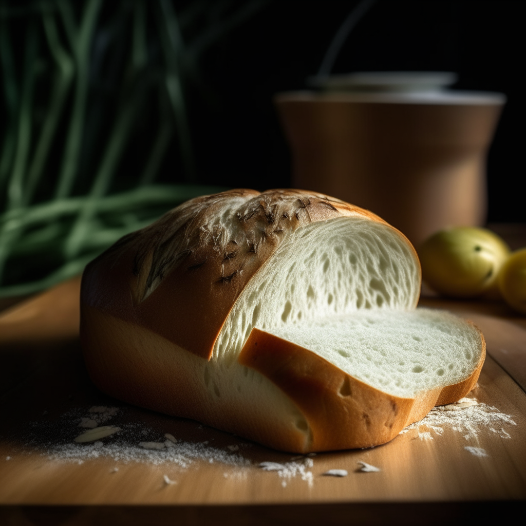 Dill and onion white bread on a wood surface, soft natural window lighting from the side, razor sharp focus, dill and onions blended into the bread