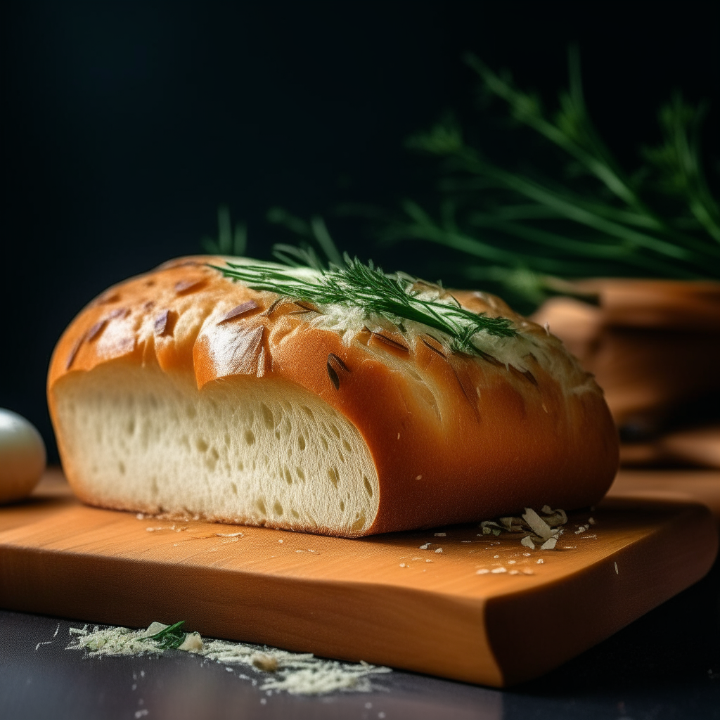 Dill and onion white bread on a cutting board, bright studio lighting from an angle, tack sharp focus, dill and onions mixed into the bread