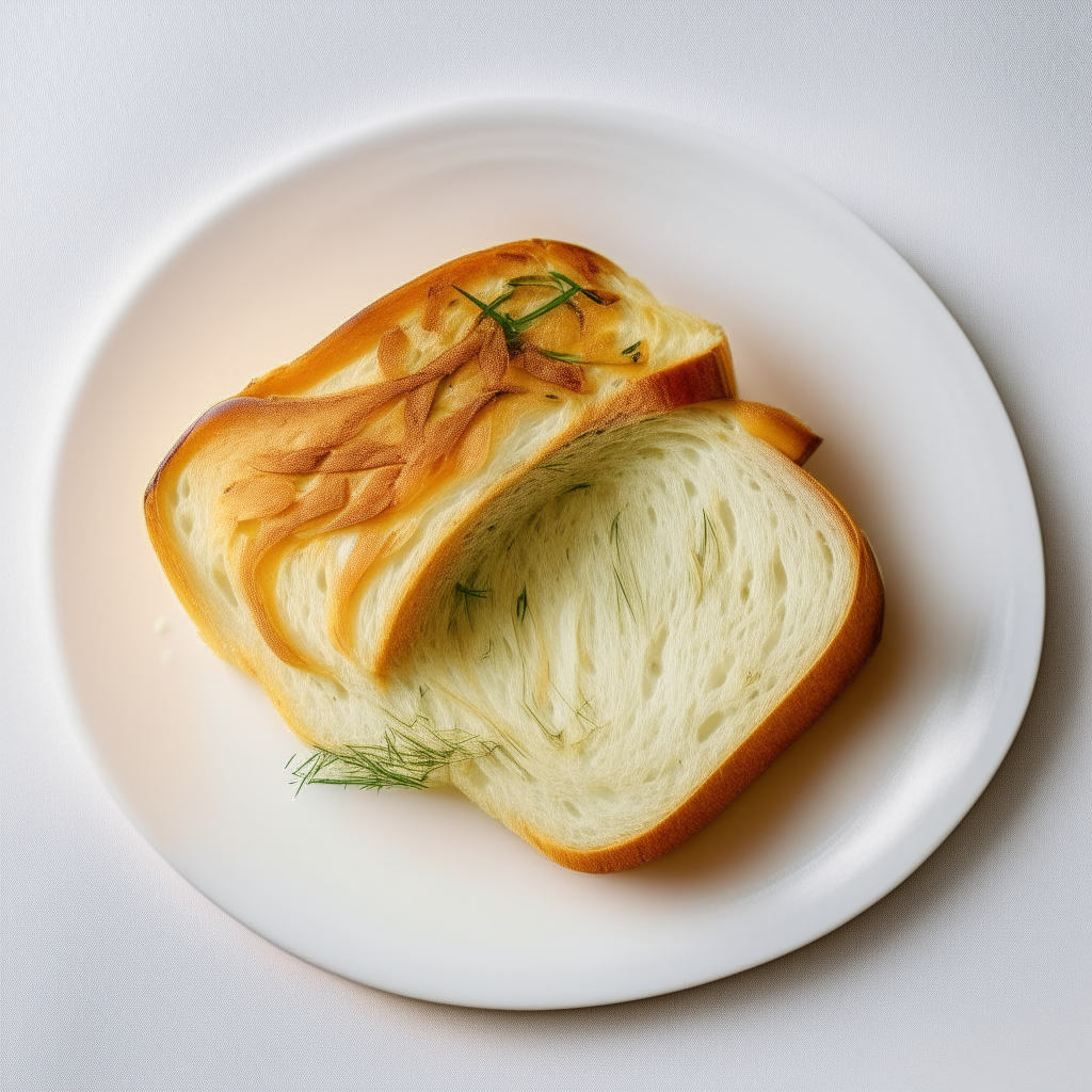 Slice of soft dill and onion white bread on a white plate, overhead studio lighting, extremely sharp focus