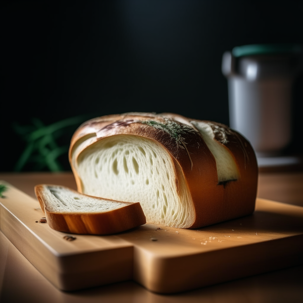 Light and airy dill and onion white bread on a cutting board, bright studio lighting from an angle, tack sharp focus