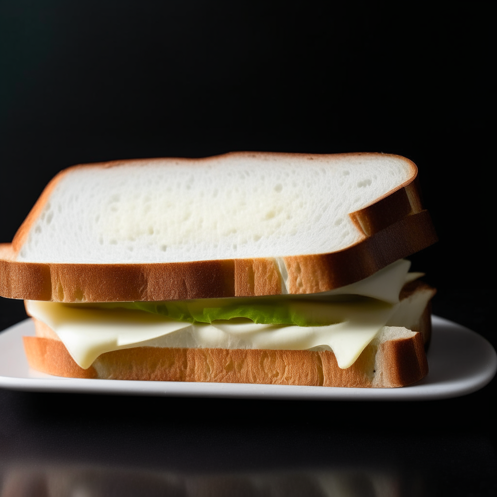 Slice of gluten free white sandwich bread on a white plate, overhead studio lighting, extremely sharp focus, bread fills the frame