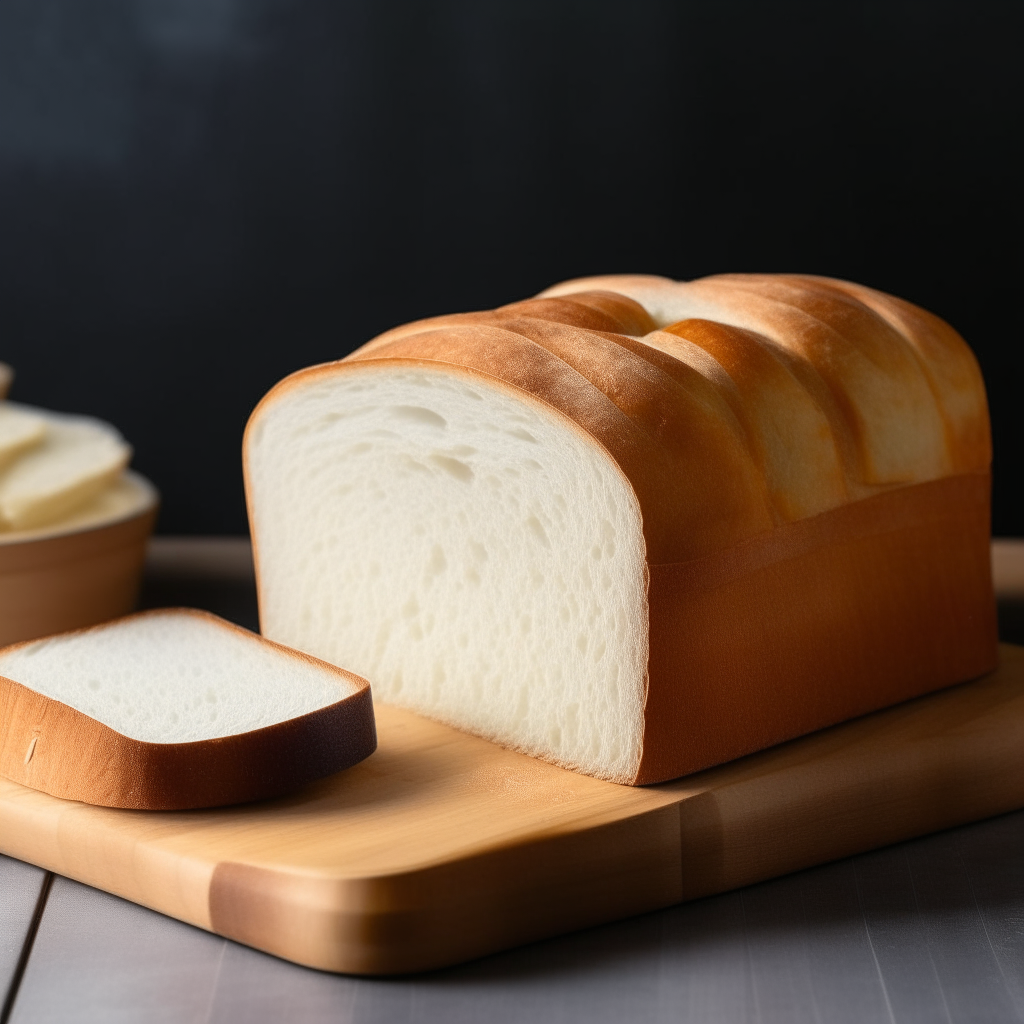 Gluten free white sandwich bread on a cutting board, bright studio lighting from an angle, tack sharp focus