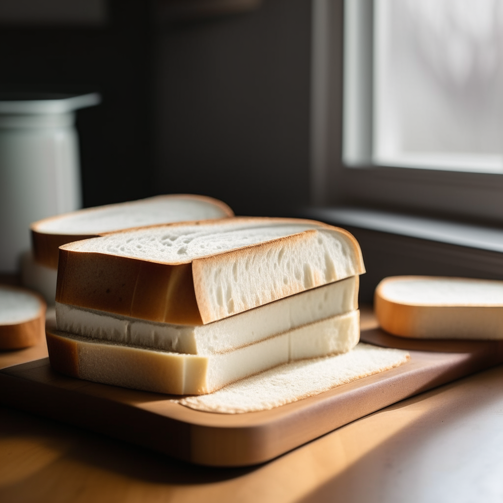 Several slices of gluten free white sandwich bread on a cutting board, window lighting from the side, extremely sharp focus, around 5-6 slices