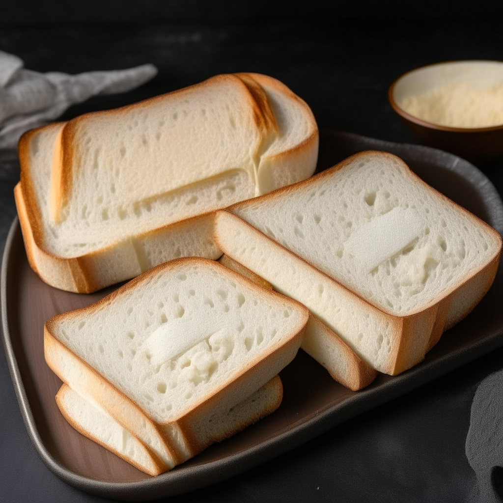 Gluten free white sandwich bread cut into 5 even slices on a plate, overhead studio lighting, razor sharp focus on the bread