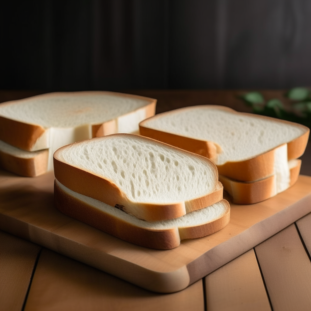 About 5 slices of gluten free white sandwich bread arranged on a wood surface, bright studio lighting from an angle, tack sharp focus