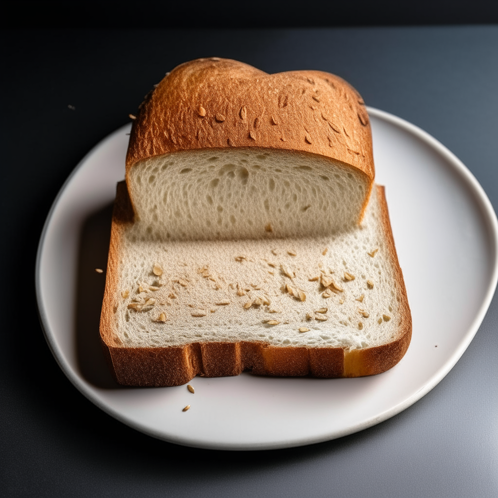 Slice of gluten free buckwheat white bread on a white plate, overhead studio lighting, extremely sharp focus