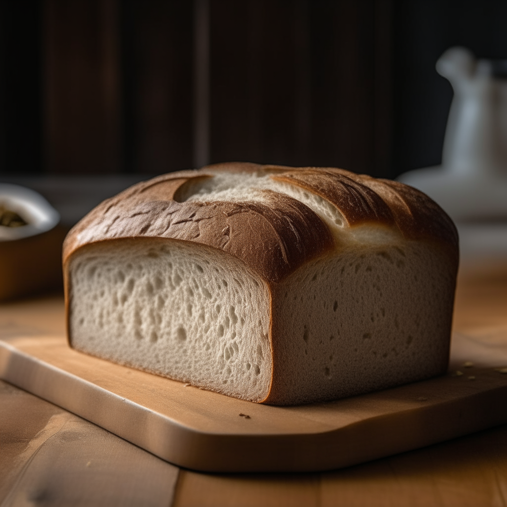 Gluten free buckwheat white bread on a wood surface, soft natural window lighting from the side, razor sharp focus