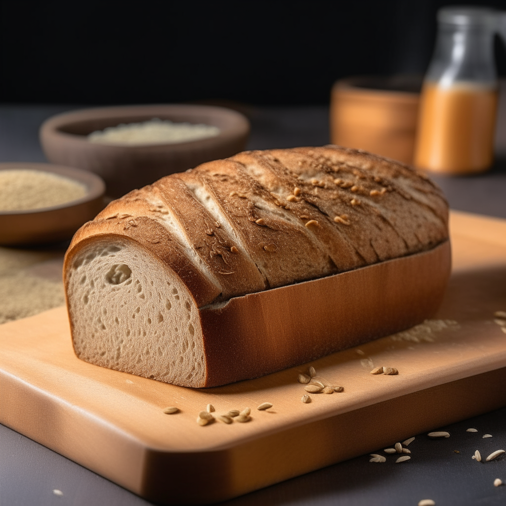 Gluten free buckwheat white bread on a cutting board, bright studio lighting from an angle, tack sharp focus