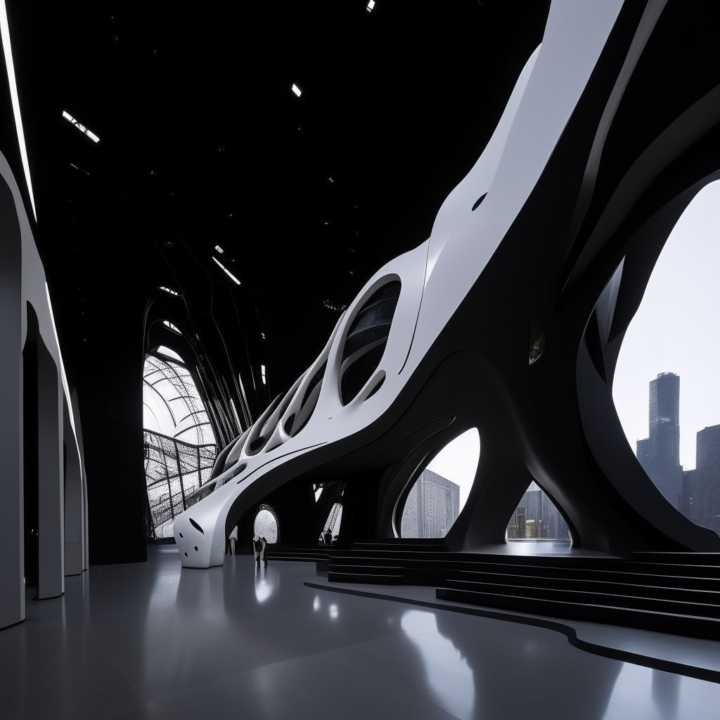 parametric museum in the style of Zaha Hadid, a modern art museum, humans in the museum. 