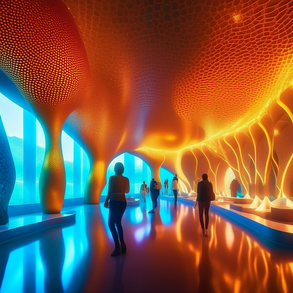 amazing parametric museum in the style of Zaha Hadid, a modern art museum, humans in the museum.  glowing lamps on the wall and floors, hyper-realistic, highly detailed, maximalism 