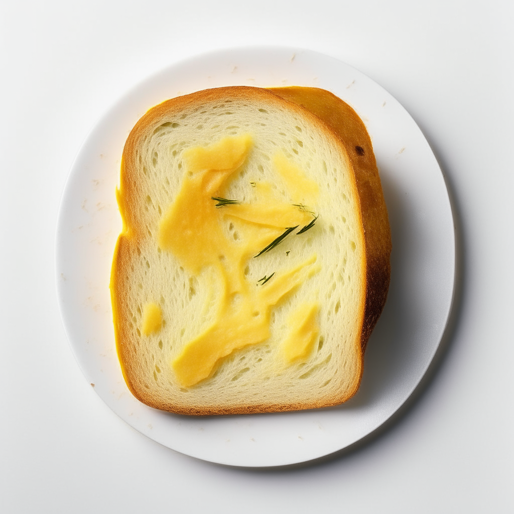 Slice of cheddar dill bread on a white plate, overhead studio lighting, extremely sharp focus