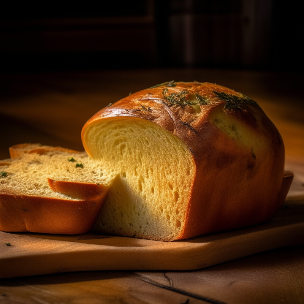 Cheddar dill bread on a wood surface, soft natural window lighting from the side, razor sharp focus