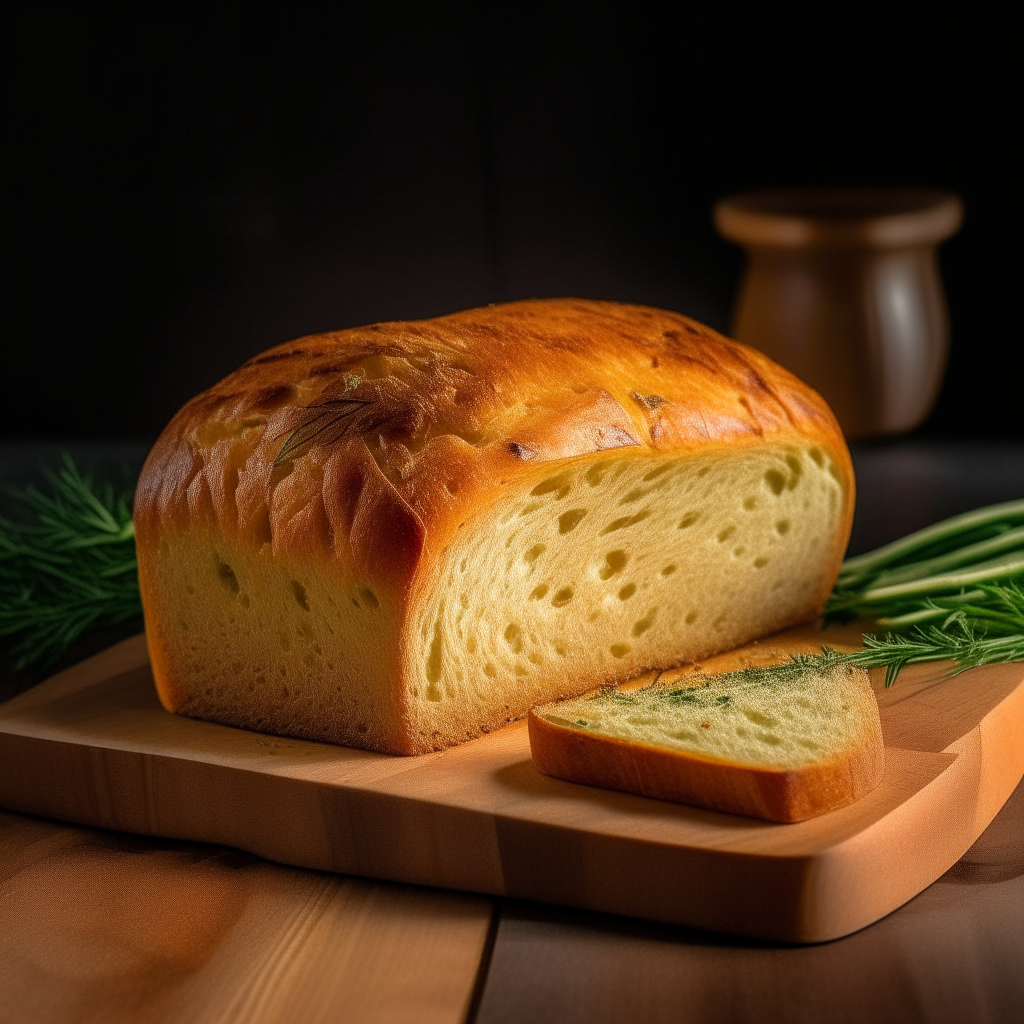 Cheddar dill bread on a cutting board, bright studio lighting from an angle, tack sharp focus