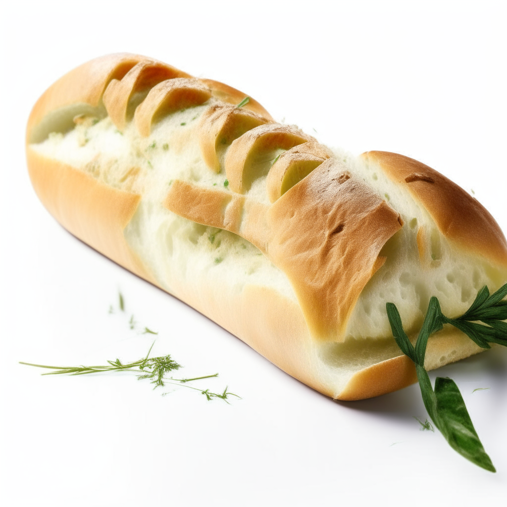 Italian herb baguette bread on a white background, extremely sharp focus, overhead studio lighting