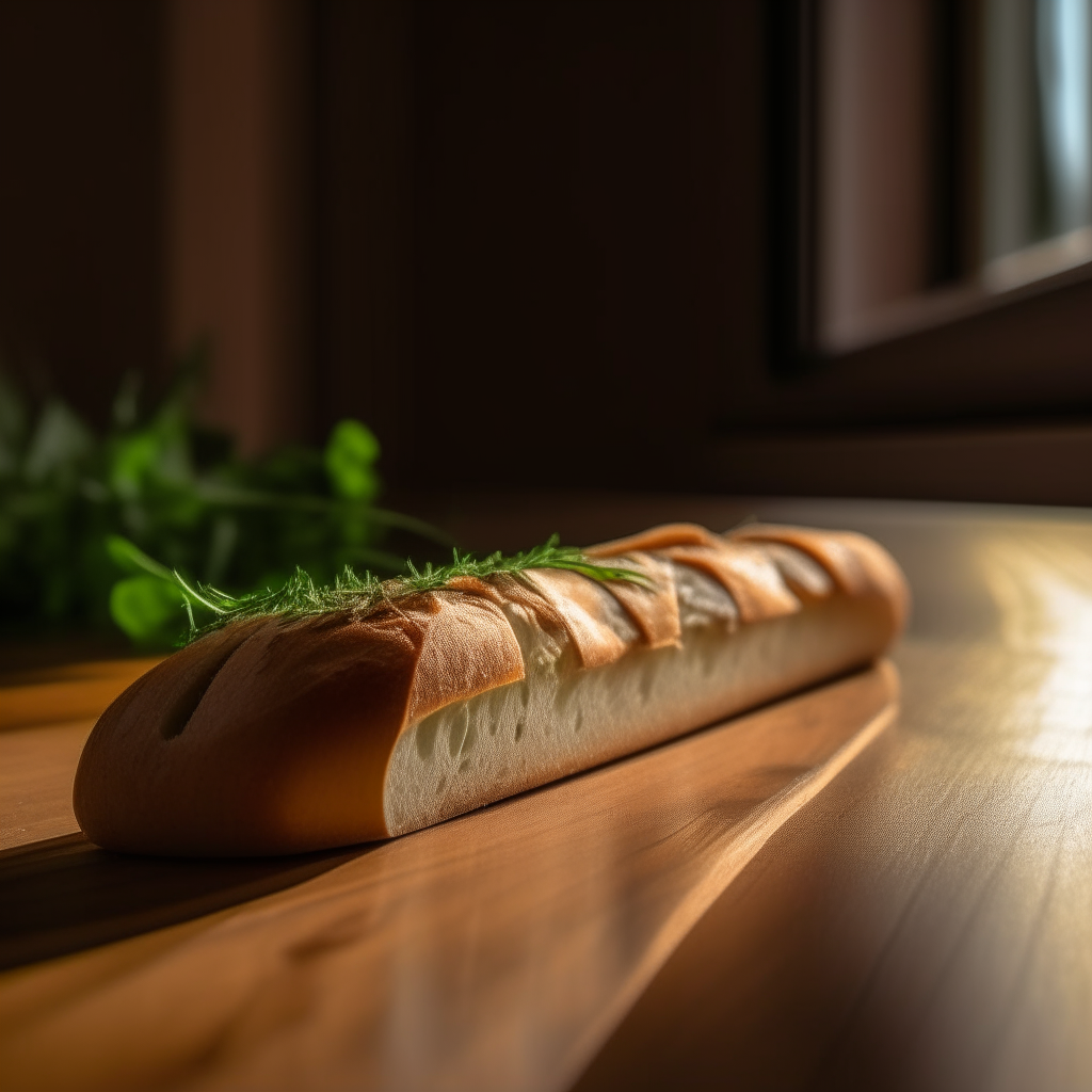 Italian herb baguette with window lighting from the side, razor sharp focus, on a wood surface