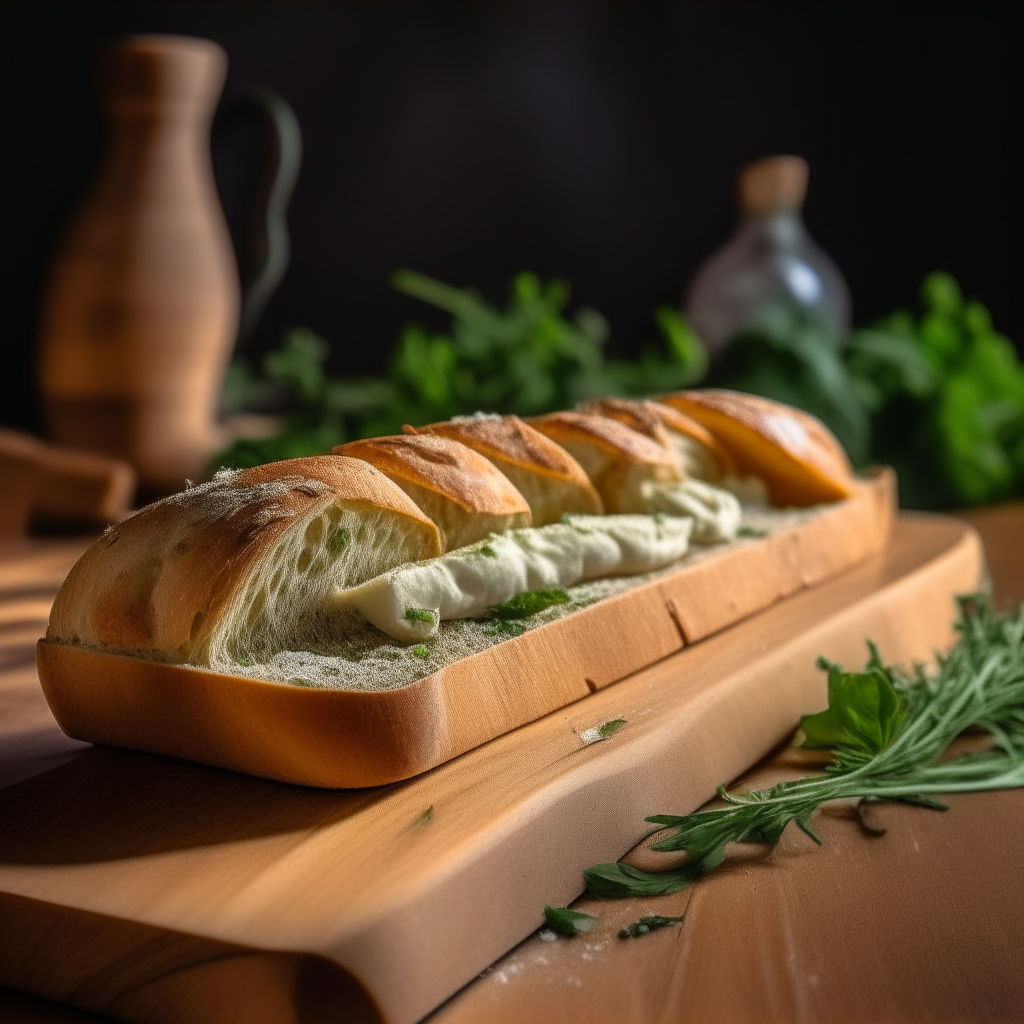 Italian herb baguette bread on a cutting board, bright studio lighting from an angle, tack sharp focus