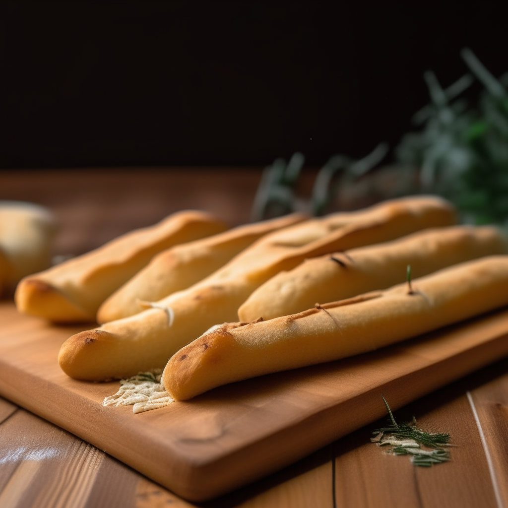 Garlic and thyme breadsticks on a cutting board, bright studio lighting from an angle, tack sharp focus