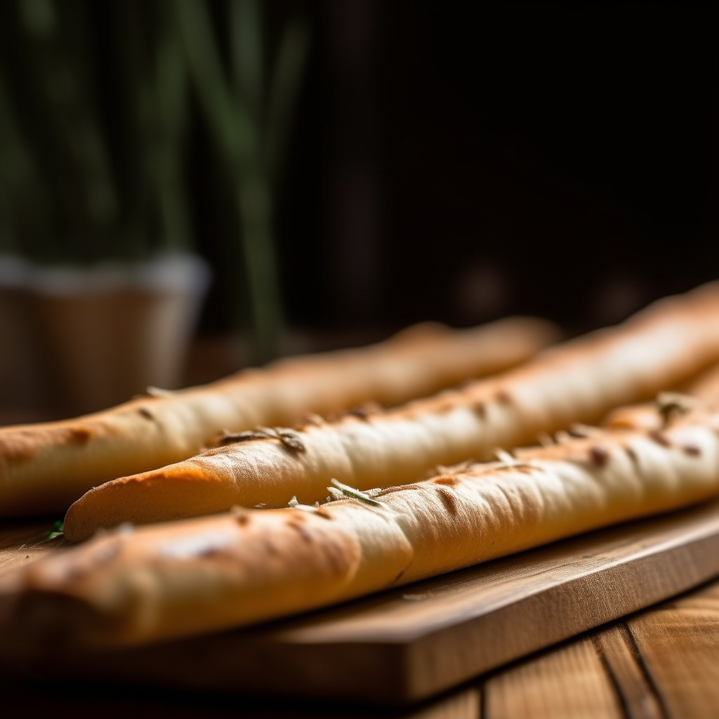 Garlic and thyme breadsticks with window lighting from the side, razor sharp focus, on a wood surface