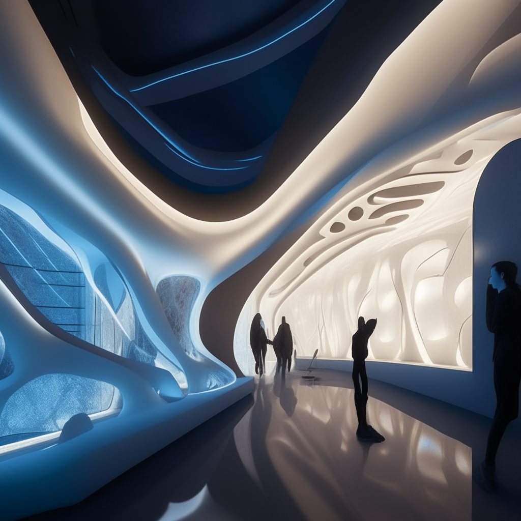 amazing parametric museum in the style of Zaha Hadid, a modern art museum, humans in the museum.  glowing lamps on the wall and floors, hyper- realistic, highly detailed, maximalism 