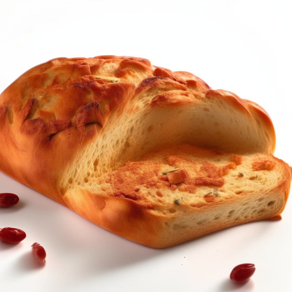 Sun dried tomato and oregano bread on a white background, extremely sharp focus, overhead studio lighting