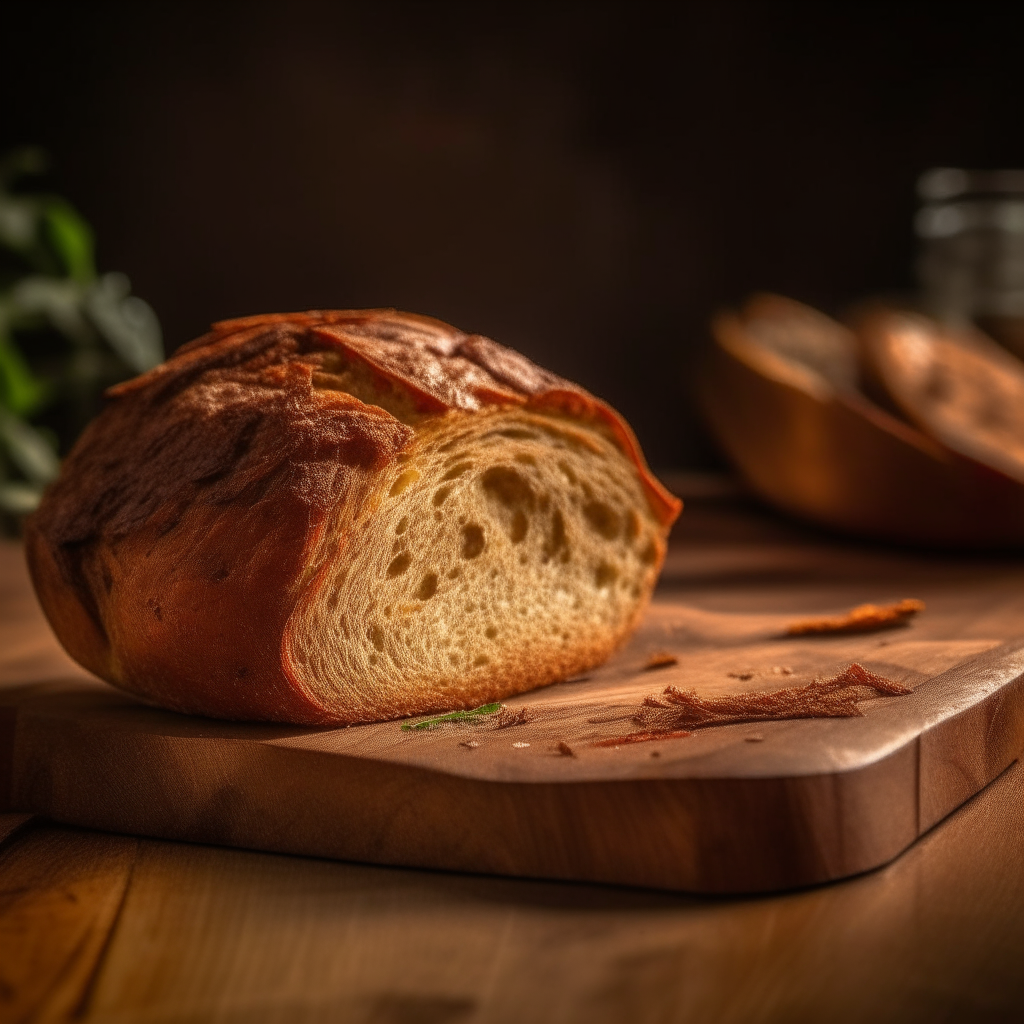 Sun dried tomato and oregano bread with window lighting from the side, razor sharp focus, on a wood surface