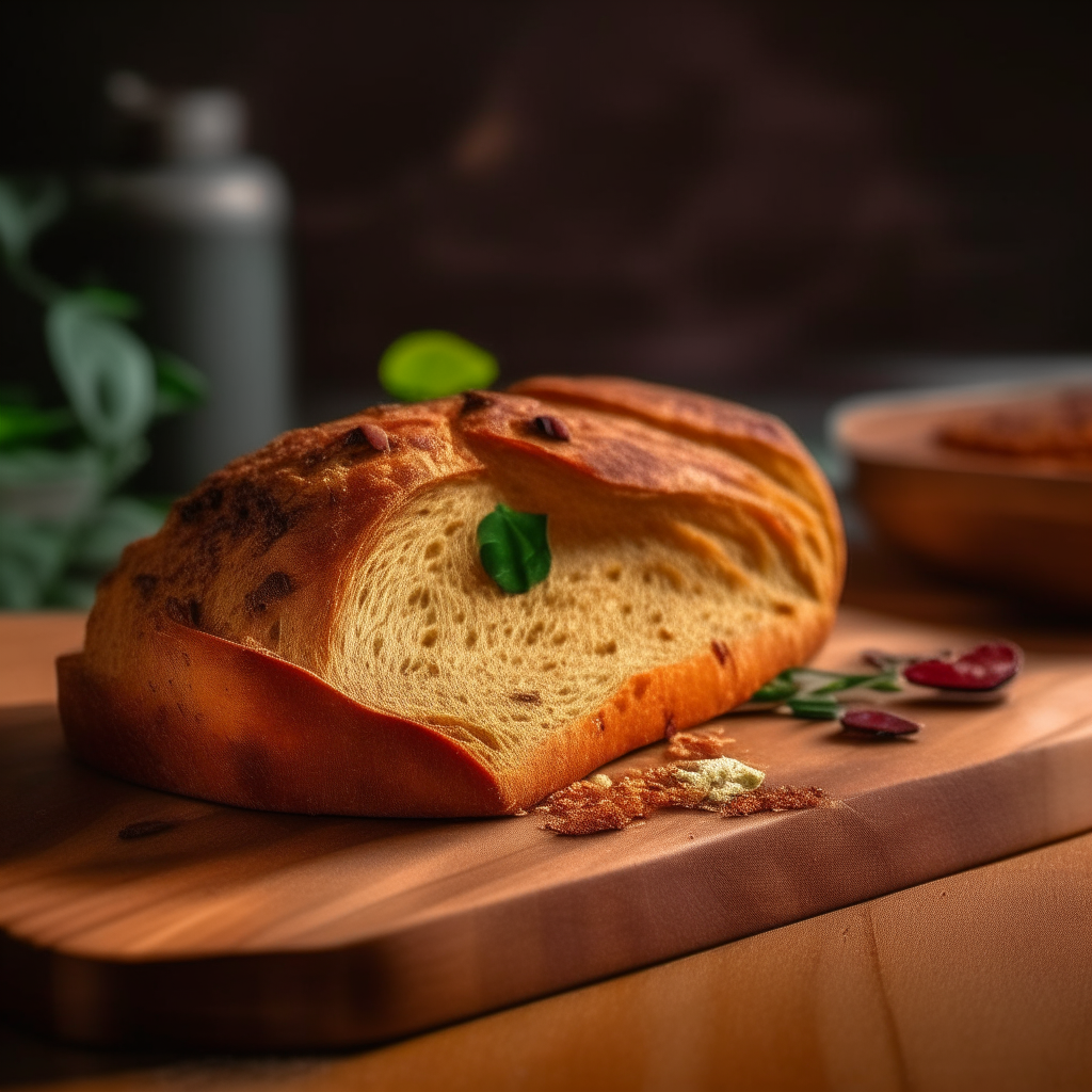 Sun dried tomato and oregano bread on a cutting board, bright studio lighting from an angle, tack sharp focus